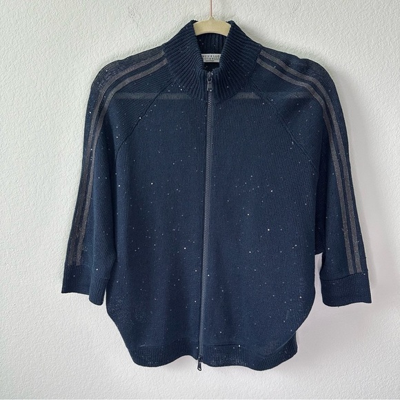 Brunello Cucinelli Sweaters - BRUNELLO CUCINELLI Mock Neck Navy Blue Sequin Zip-Up Sweater SZ S